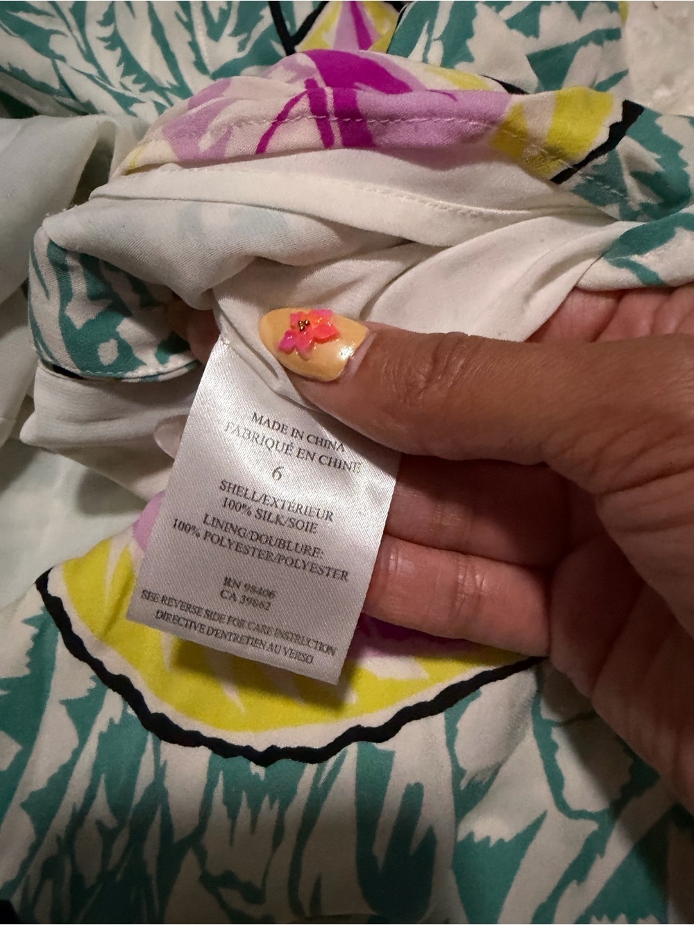 Theory Silk Shirt Dress Size 6 Leaf Print Teal Pink Button Front Missing Button - Picture 3 of 5
